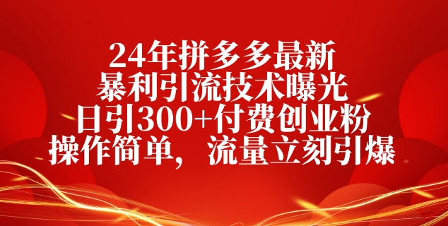 24年拼多多最新暴利引流技术曝光，日引300 付费创业粉，操作简单，流量立刻引爆